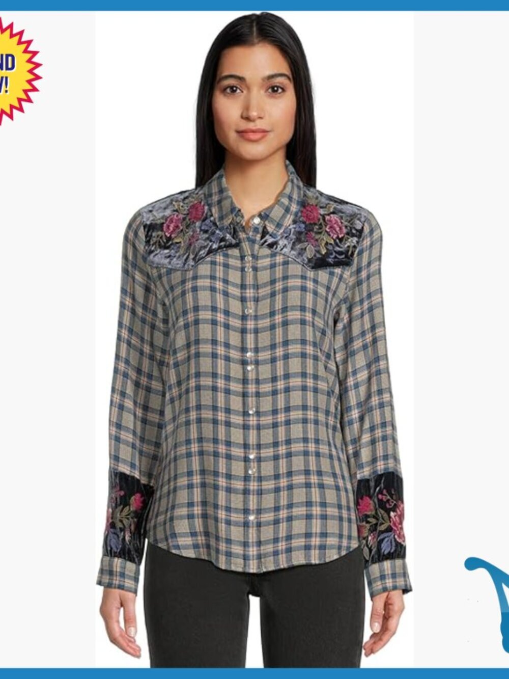 Relaxed Fit Rayon Button Down Shirt with Puff Sleeves and Floral Embroidery